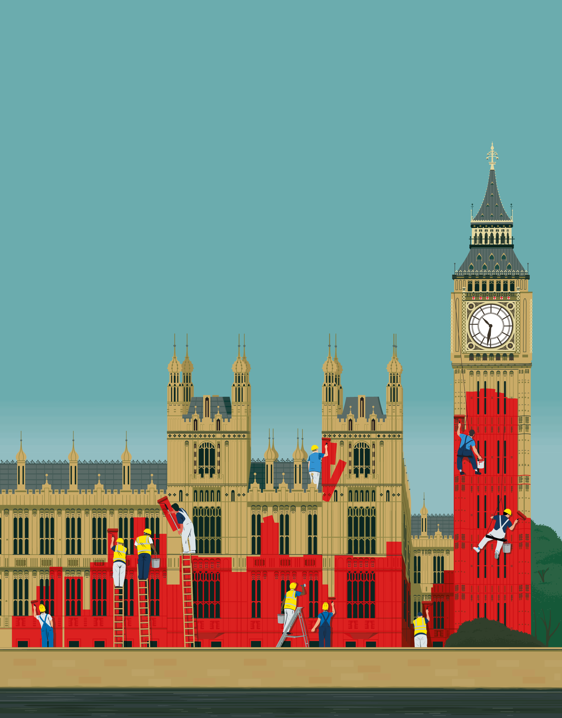 The houses of parliment being painted red